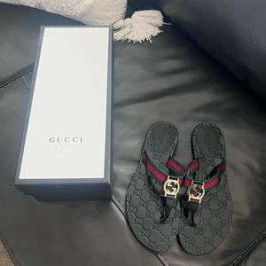 Gucci GG Interlocking Nylon Lifford Flat Thong Sandals Nero Black Size 38.5